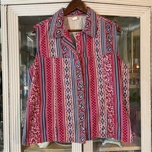 Vintage Vivaldi red white blue floral paisley cotton denim sleeveless shirt L